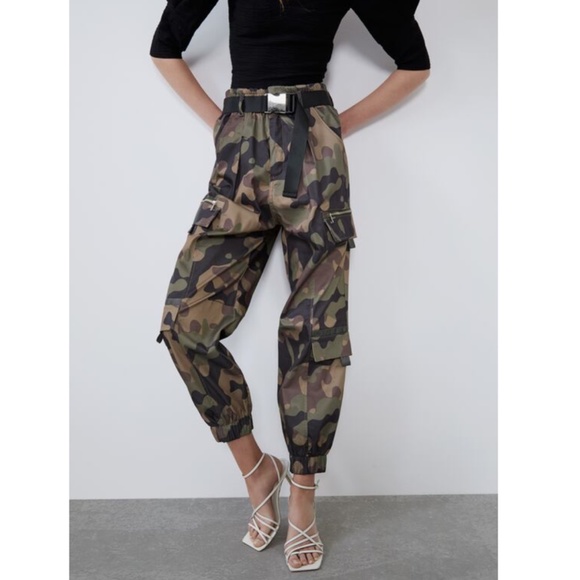 New Zara Belted Camouflage Cargo Nylon Joggers Pants - Picture 7 of 14